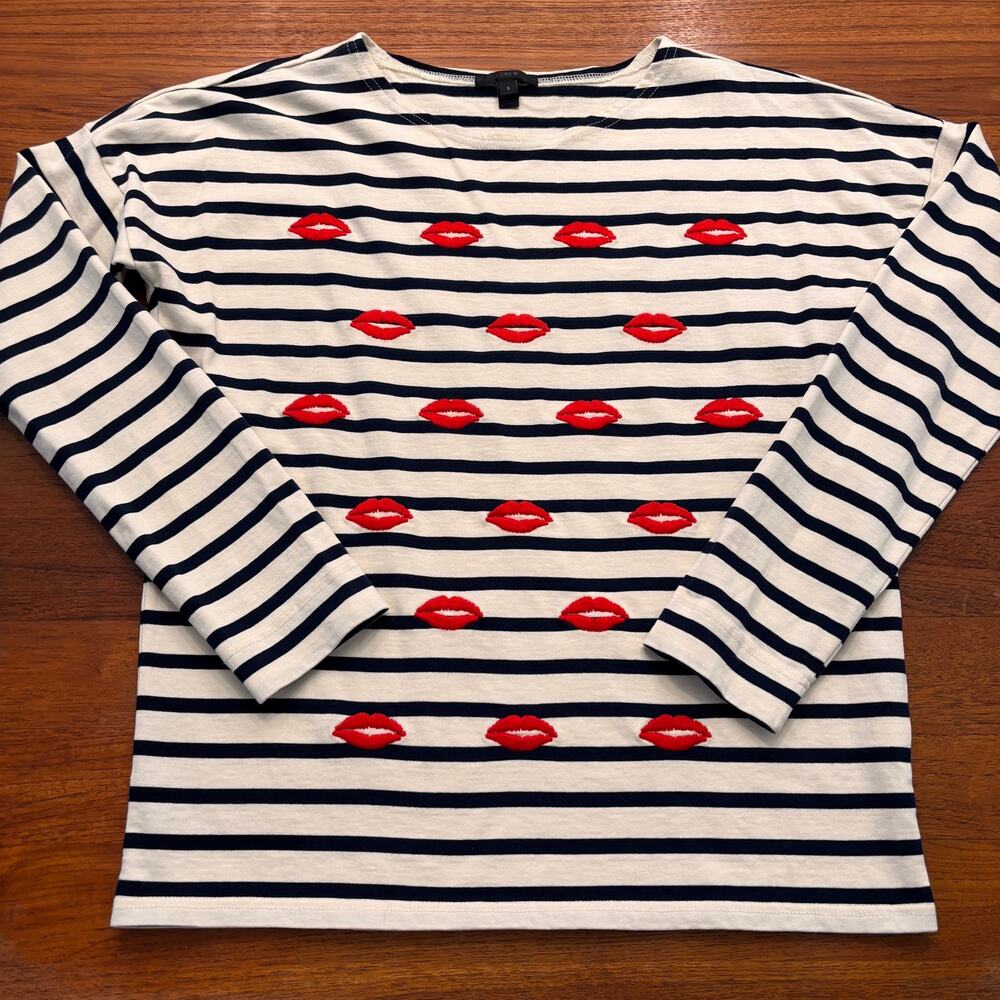 J.Crew Women's Cream Navy Blue Kiss Embroidered Long Sleeve Shirt Size Small